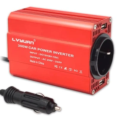 Abbildung von LVYUAN 300W Wechselrichter DC 12 V auf 230V AC Spannungswandler Auto Konverter mit Dual USB Ports &amp; EU Steckdosen Stromumwandler, Rot Aluminiumlegierung Körper