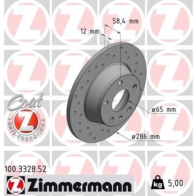Abbildung von ZIMMERMANN 100.3328.52 Bremsscheibe 286 12 6/5 5 112 voll, gelocht beschichtet AUDI: TT Coupe, Roadster