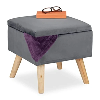 Abbildung von Relaxdays Samthocker mit Stauraum, gepolstert, eckig, Holzbeinen, Wohnzimmer Sitzhocker, HBT 40x40x40 cm, dunkelgrau