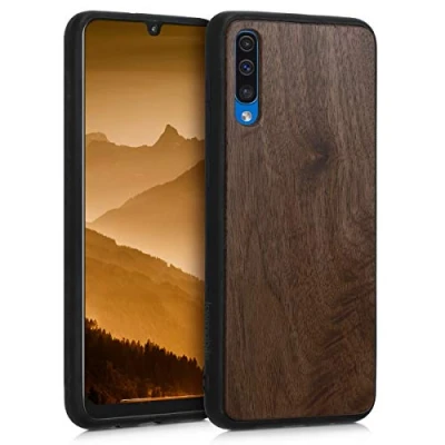 Abbildung von kwmobile Hülle kompatibel mit Samsung Galaxy A50 Holz Case stoßfestes Handy Cover TPU Handyhülle in Dunkelbraun