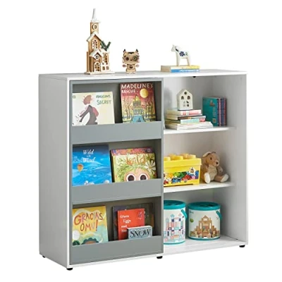 Abbildung von SoBuy KMB33 W Kinder Bücherregal Kinderregal mit Schiebetür Spielzeugregal Aufbewahrungsregal für Spielzeug Organizer Schrank Sideboard BHT ca.: 119x116x39cm