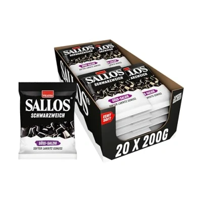 Abbildung von SALLOS Schwarzweich Süss Salzig Vorrats Pack Lakritz mit Schaumzucker, aus natürlichem Süßholzsaft, würzige Kombination, Mix vegan, im Pack, 20 x 200 g