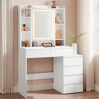 Abbildung von VASAGLE Schminktisch mit LED Beleuchtung, einstellbare Helligkeit, Frisiertisch Spiegel, Kosmetiktisch Schubladen, offenen Fächern, verstellbaren Ablagen, modern, wolkenweiß RDT124W01