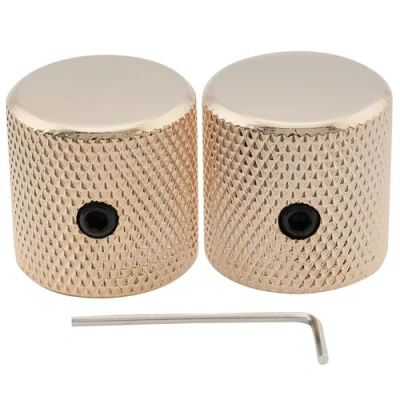 Abbildung von Musiclily Pro 1/4&quot; Stahl Fein Rändel Potiknopf Flache Top Knobs mit Schraubbar Universeller Fitting für E Gitarre oder Bass, Gold (2 Stück)