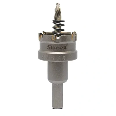 Abbildung von Starrett Hartmetall bestückte Lochsäge SM34 Blechschneider mit Aufnahme und Zentrierbohrer zum Bohren von Edelstahl Aluminiumlegierungen 34 mm