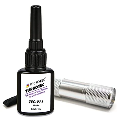 Abbildung von Microtec® Turbotec 911 Glas Spezial UV Kleber extra stark für Glas/Metall 10g mit Taschenlampe lichthärtender und transparenter Klebstoff Qualitätsprodukt aus Deutschland