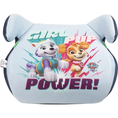 Abbildung von Paw Patrol Kindersitz für die Sicherheit von Mädchen mit einer Höhe 125 bis 150 cm, Grafiken der niedlichen Hündinnen Everest und Skye auf blauem Hintergrund