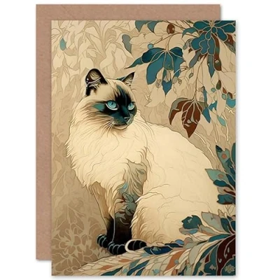 Abbildung von Artery8 Blue Point Ragdoll Cat and Plant Pattern Art Nouveau Modern Illustration Birthday Sealed Greeting Card Plus Envelope Blank inside
