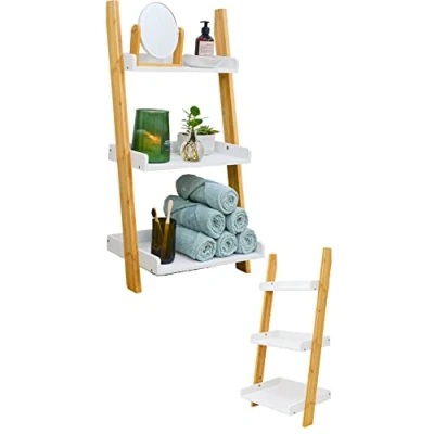 Abbildung von DuneDesign Regal 3 Fächer Bambus Leiterregal 45x90 Badezimmer Regal, Holz Leiter Deko Treppe Bad