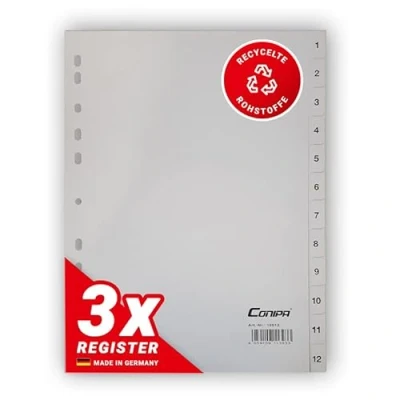 Abbildung von Conipa® 3er Set 1 12 Register für Ordner DIN A4 (MADE IN GERMANY) Registerblätter &amp; Trennblätter mit Zahlen (nummeriert) Kunststoff (PP) Trennregister Akten, Ringbücher Hefter (Grau)