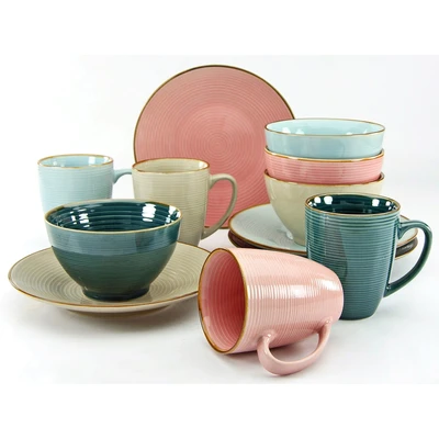Abbildung von CreaTable Frühstücks Geschirrset &quot;Service, Cosy Morning (Teller, Schale, Kaffeebecher)&quot;, (Set, 12 tlg., Kaffeebecher, Dessertteller und Müslischalen im Set, für 4 Personen), Kreisstruktur, in Pastell Farben, Teile, Personen