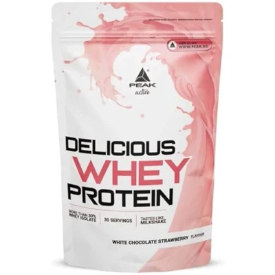 Abbildung von PEAK Delicious Whey Protein 900g Geschmack White Chocolate Strawberry I 30 Portionen Pulver Proteinquelle: Molkenprotein Konzentrat + Isolat ohne Zuckerzusatz mit Verdauungsenzym Laktase