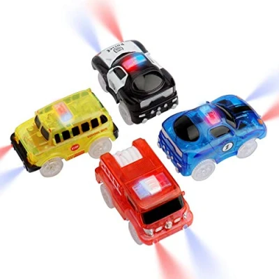 Abbildung von Tracks Cars 4 Pack Spielzeug Magic Auto mit 5 LED Blinkenden Lichtern, Spielzeugautos leuchten im Dunkeln, kompatibel den meisten für Kinder, Jungen und Mädchen