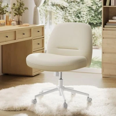 Abbildung von SONGMICS HOME Schneidersitz Stuhl, Schminkstuhl, Drehstuhl ohne Armlehnen, Schreibtischstuhl, breite Sitzfläche, modern, mit Fußkreuz, höhenverstellbar, Wippfunktion, cremeweiß OBG047W01