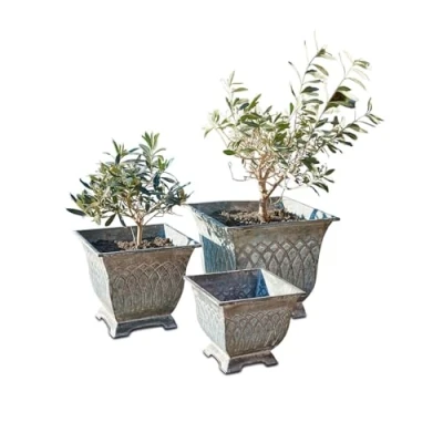 Abbildung von Loberon Übertopf 3er Set Klaireau, leicht und robust, authentische Antik Design, rundum zierende Muster, Indoor &amp; Outdoor geeignet, Gartendekoration, Pflanzgefäße, Eisen, antikgrau