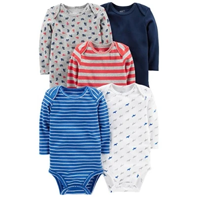 Abbildung von Simple Joys by Carter&#039;s Unisex Baby Long Sleeve Bodysuit Pack of 5 Body, Blau/Grau Lkws/Rot Streifen, 0 3 Monate (5er Pack)