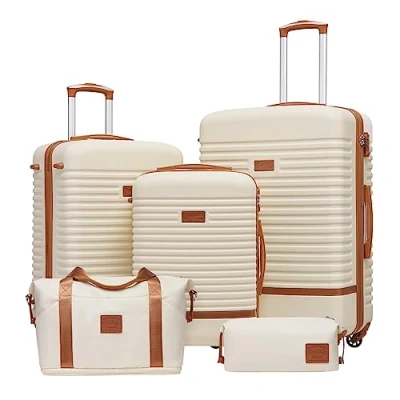 Abbildung von COOLIFE Koffer Trolley Reisekoffer von ABS Hartschalen 4 Rollen TSA Schloss Der Enthält 1 Reisetasche und Kulturbeutel (Weiß/Braun, Set 5tlg)