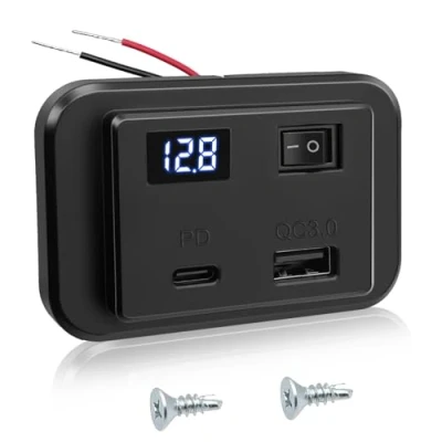 Abbildung von Hoembpn USB Ladebuchse Autoladegerät mit Voltmeter PD Type C &amp; QC3.0 Handy Schnellladegerät Steckdose Panel Schalter für 12V/24V Wohnmobil, Auto, Motorrad, LKW