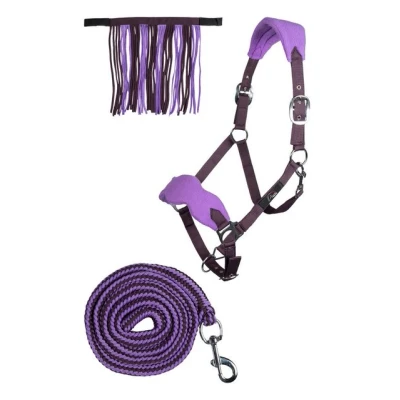 Abbildung von Pony Halfter Set mit Karabiner und Fliegenfransen lila/flieder