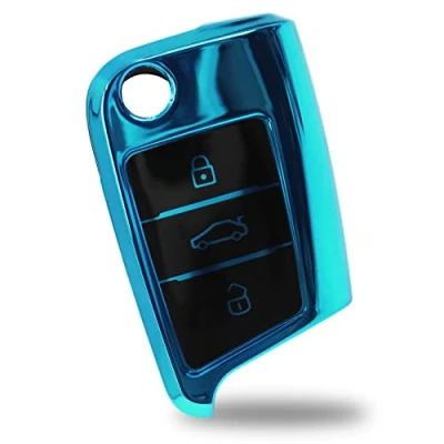 Abbildung von Finest Folia Autoschlüssel Hülle für 3 Tasten Auto Schlüssel TPU Schutzhülle Chrom Hochglanz Schlüsselhülle Cover Kfz Zubehör VB (Chrom Blau)
