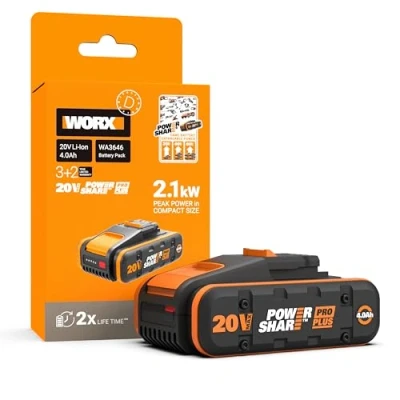 Abbildung von WORX WA3646 PowerShare Pro Plus Akku 20 V, 4 Ah, stärkere Leistung, mehr Laufzeit &amp; 2x längere Lebensdauer, 360 Zellenschutz, leicht kompakt, kompatibel mit allen Werkzeugen