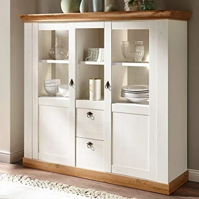 Abbildung von Lomadox Highboard Vitrinenschrank im Landhaus Design, Pinie weiß, Wotan Eiche Nb. inkl. LED, B/H/T ca.: 148/139/44 cm
