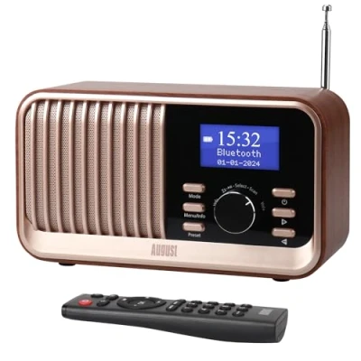 Abbildung von Wiederaufladbares DAB+/FM Radio Dual Wecker August MB450K Nostalgie tragbares Küchenradio mit 60 Presets Bluetooth 5.3 Lautsprecher Holzgehäuse, USB/AUX/MicroSD, bis zu 18h Betriebszeit, Fernbedienung