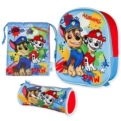 Abbildung von Paw Patrol Kindergartenrucksack Jungen 3D, Turnbeutel Kinder und Stiftebox Rucksack für Mädchen Schulmaterial Zurück Zur Schule Mit den Kindern