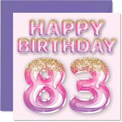 Abbildung von Stuff4 Geburtstagskarte zum 83. Geburtstag für Frauen rosa und lila Glitzerballons Happy Karten 83 Jahre alte Frau Mama Great Nanny Grandma Gran, 145 mm x 80 dritte Grußkarten Geschenk