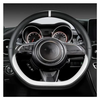 Abbildung von Mikrofaser Leder D Form 38cm Auto Lenkrad Abdeckung Für Suzuki Swift 2017 2018 2019 2020 2021 2022 Sport Zubehör Bezug Lenkradabdeckung (Farbe : White)