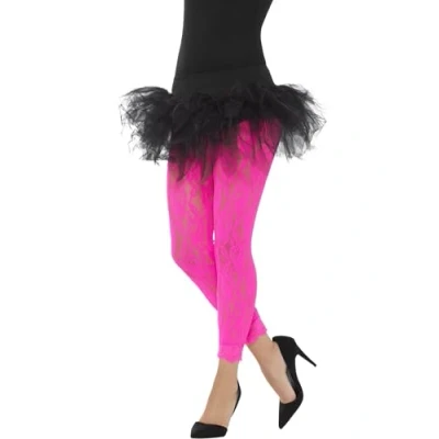 Abbildung von Smiffys Kostüm Spitzen Leggings neon pink, 80er Jahre mit floralem Spitzenmuster
