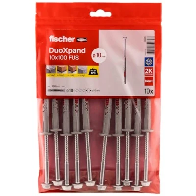 Abbildung von fischer DuoXpand 10 x 100 FUS, hochwertiger Universaldübel mit Sechskantschraube &amp; angeformter U Scheibe (10 Stk.), Dübel für starken Halt, ideal poröse Baustoffe randnahe Verankerungen