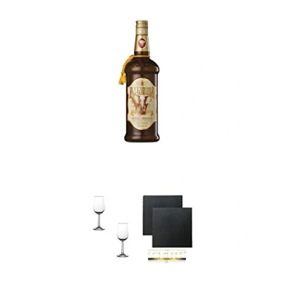 Abbildung von Amarula Südafrika Likör mit Sahne 0,7 Liter + Nosing Gläser Kelchglas Bugatti Eichstrich 2cl und 4cl 2 Stück Schiefer Glasuntersetzer eckig ca. 9,5 cm Ø