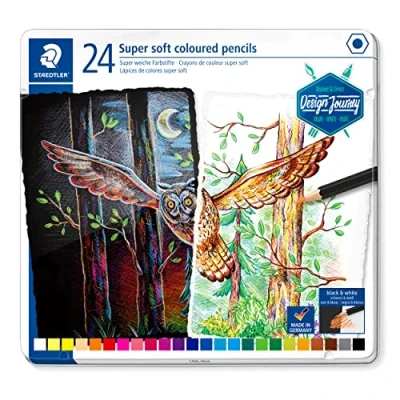 Abbildung von STAEDTLER 149C M24 Buntstifte (klassisches Sechskantformat, super weiche Mine, hohe Deckkraft auf hellem und dunklem Papier) Metalletui mit 24 leuchtenden Farben