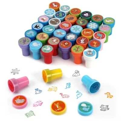 Abbildung von Collazoey 36 Stück Stempel Kinder, Mehrfarbige Tiere Stempelset, Selbstfärbende für Kinder,Partygeschenke Geburtstagsgeschenk, Geschenktütenfüller, Klassenzimmer Preise