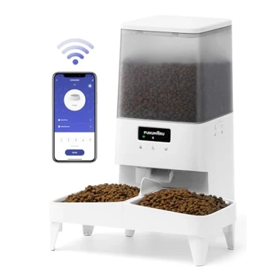 Abbildung von FUKUMARU Futterautomat Katze, 5L Katzen WiFi mit Doppelnapf, Automatischer Futterspender Katze Maßgeschneidert Zeitplan, Akkubetrieben &amp; Kabelgebundene Elektrik, Weiß Groß