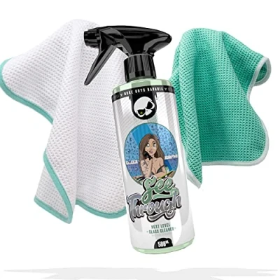 Abbildung von detailmate Auto Glasreinigungs Set Nuke Guys See Through 500 ml mit Zwei Mikrofaser Waffeltüchern 450GSM 35x35cm Scheiben Reinigungsset Mikrofasertüchern