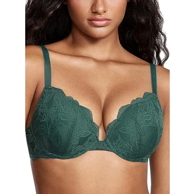 Abbildung von DOBREVA Damen Push Up BH Mit Spitze Gepolstert Plunge Bügel Vollschalen BHS Gemoldete Cups Mitternachtssmaragd 85C