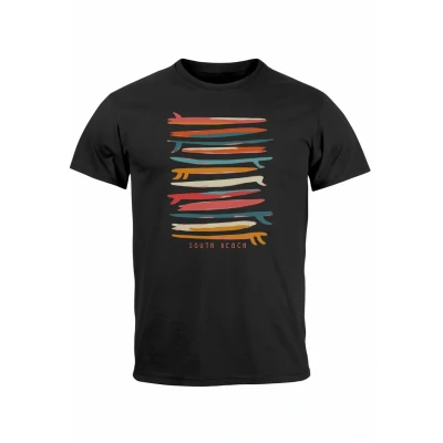 Abbildung von Neverless Surfboards South Beach California USA Sommer SURF Tshirt print, Herren, Größe: XS, Schwarz rot