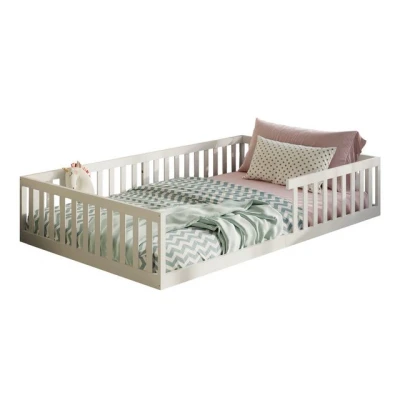 Abbildung von Kids Collective Kinderbett Bodenbett Bett mit Rausfallschutz &amp; Lattenrost Montessori Kinder (weitere Größen, 120x200, 140x200 cm), Jugendbett Einzelbett optional Matratze, weiß Kiefer 90x200 cm