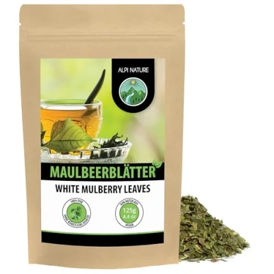 Abbildung von Maulbeerblätter Tee (125g), geschnitten, schonend getrocknet, 100% rein und naturbelassen zur Zubereitung von Tee, Maulbeerblättertee, Kräutertee