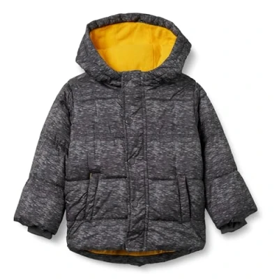 Abbildung von Amazon Essentials Jungen Schwere Pufferjacke mit Kapuze, Dunkelgrau Meliert, 11 12 Jahre