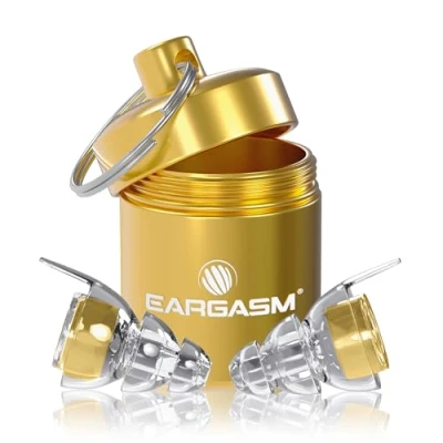 Abbildung von Eargasm HiFi Ohrstöpsel mit Goldfiltern wiederverwendbare Geräuschreduzierung zum Gehörschutz Etui für Konzerte, Festivals, Raves, Musiker, Live Events, Sport