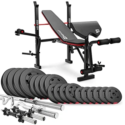 Abbildung von Hop Sport Hantelbank mit Gewichten HS 1055, klappbare Trainingsbank Curlpult, Butterfly und Beincurler Inkl. 38 kg 129,5 Hanteln Set