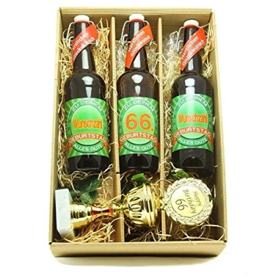 Abbildung von Bier Geschenk zum 66.Geburtstag Geburtstagsgeschenk sechsundsechszigster Geburtstag Präsentkarton mit und Pokal 66.