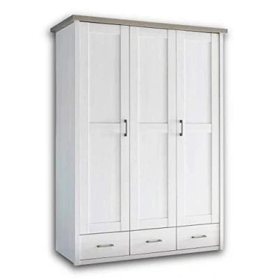 Abbildung von LUCA Eleganter Kleiderschrank Babyzimmer 3 türig Vielseitiger Drehtürenschrank mit viel Stauraum in Pinie Weiß / Trüffel 148 x 201 62 cm (B/H/T)