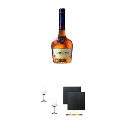 Abbildung von Courvoisier VS Cognac 0,7 Liter + Nosing Gläser Kelchglas Bugatti mit Eichstrich 2cl und 4cl 2 Stück Schiefer Glasuntersetzer eckig ca. 9,5 cm Ø