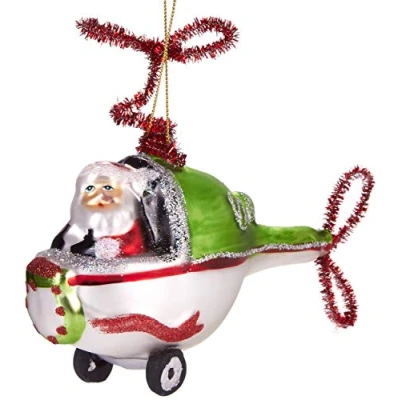 Abbildung von BRUBAKER Weihnachtsmann im Helikopter Grün Handbemalte Weihnachtskugel aus Glas Mundgeblasener Christbaumschmuck Figuren lustig Deko Anhänger Baumkugel 11 cm