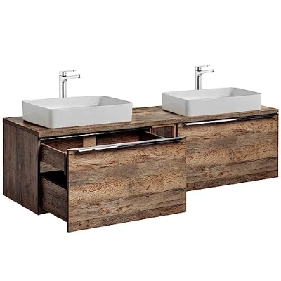 Abbildung von Lomadox Badezimmermöbel Doppel Waschtisch Unterschrank Set 160cm, Vintage Oak Eiche, 2 Keramik Aufsatz Waschbecken, 4 Softclose Schubkästen