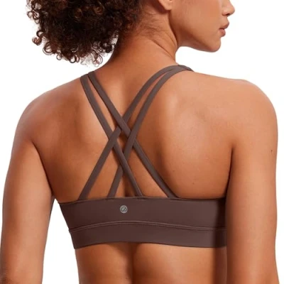 Abbildung von CRZ Yoga Damen Ohne Bügel Sport BH Gekreuzt Rücken Spaghetti Top Abnehmbare Pads Croptop Taupe XL